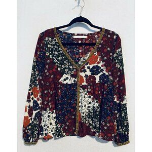 Zara Top Womens Medium Boho Floral Patchwork Velvet Trim Button Up Peasant